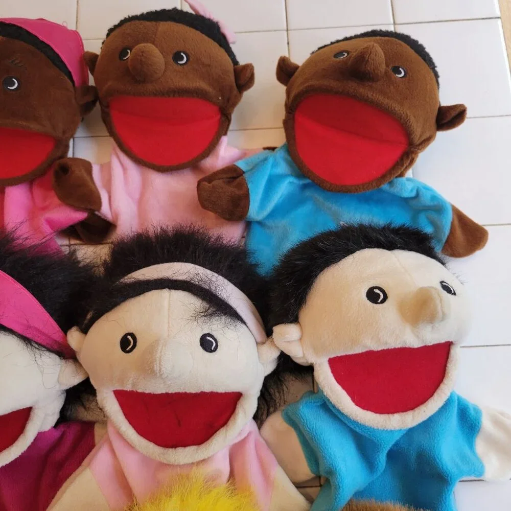 Family Bigmouth Puppets Set Caucasian African American Asian Plush‎ Storytelling